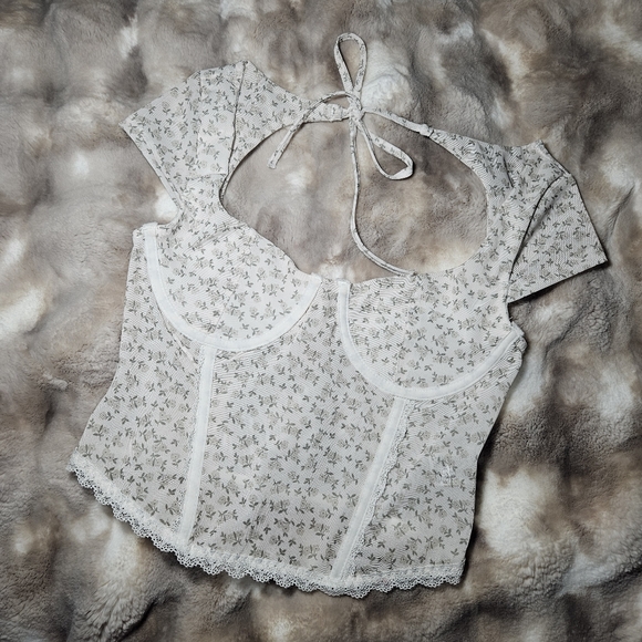 Ardene White, Cream And Pale Green Sheer Floral Open Back Bustier - Picture 4 of 5